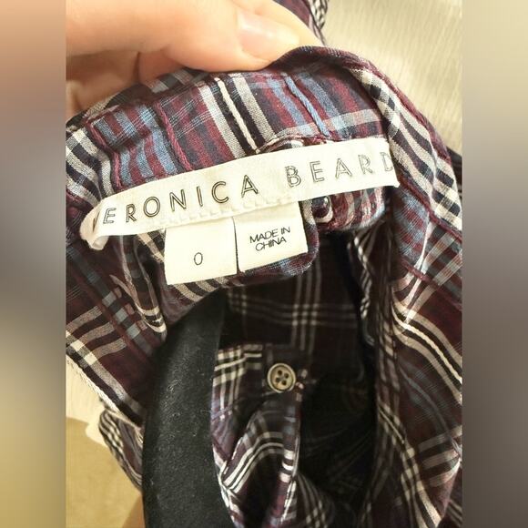 Veronica Beard Isabel Reversed Plaid Blouse Wine Puff Sleeve Blouse Size 0 - Picture 12 of 12